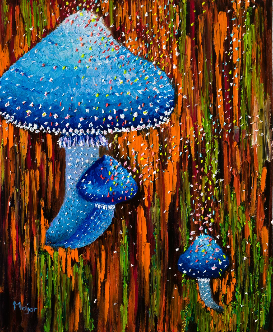 Blue mushrooms su tronco — Keili Major Artist, finger painting