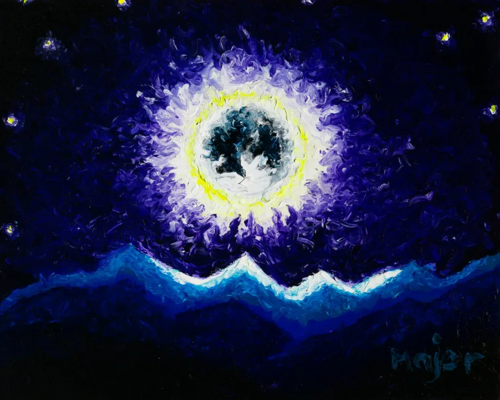Luna piena su montagne stellate, notte 