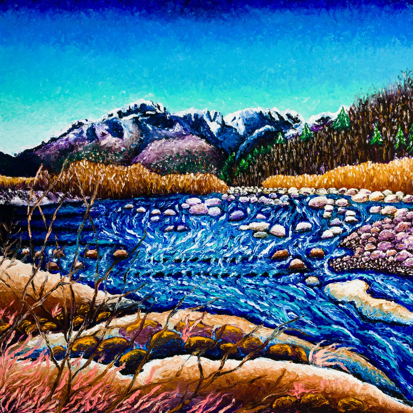 Tanaro — fiume di montagna, 95×95 cm, finger painting di Keili Major Artist