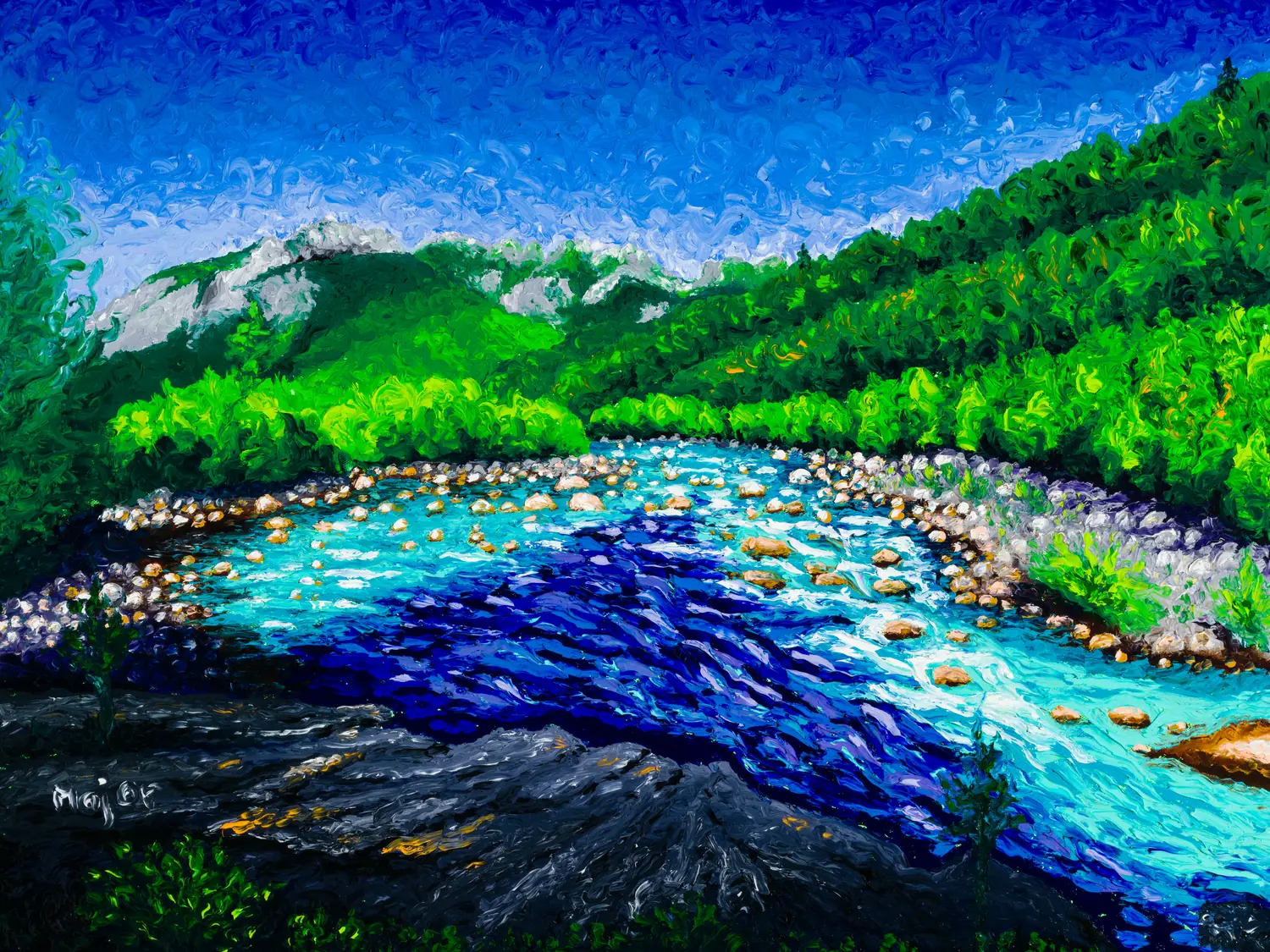 Tanaro I, finger painting di Keili Major, 60×80 cm, olio su cotone
