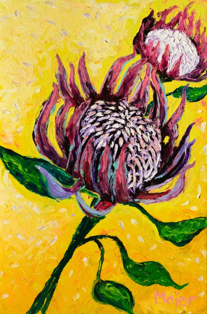 Finger painting di Keili Major: fiori di protea rosa su fondo giallo.