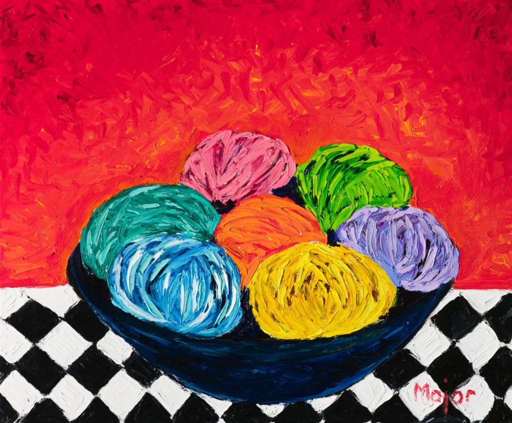 Finger painting di Keili Major: ciotola di gomitoli di lana colorati su un piano a scacchi.