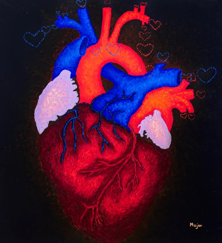 Finger painting di Keili Major: cuore anatomico su fondo scuro con piccoli cuori.