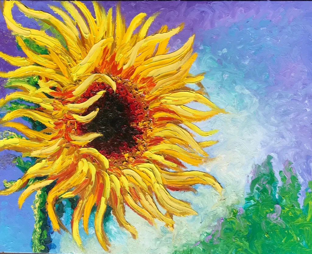 Finger painting di Keili Major: girasole su cielo azzurro e viola.