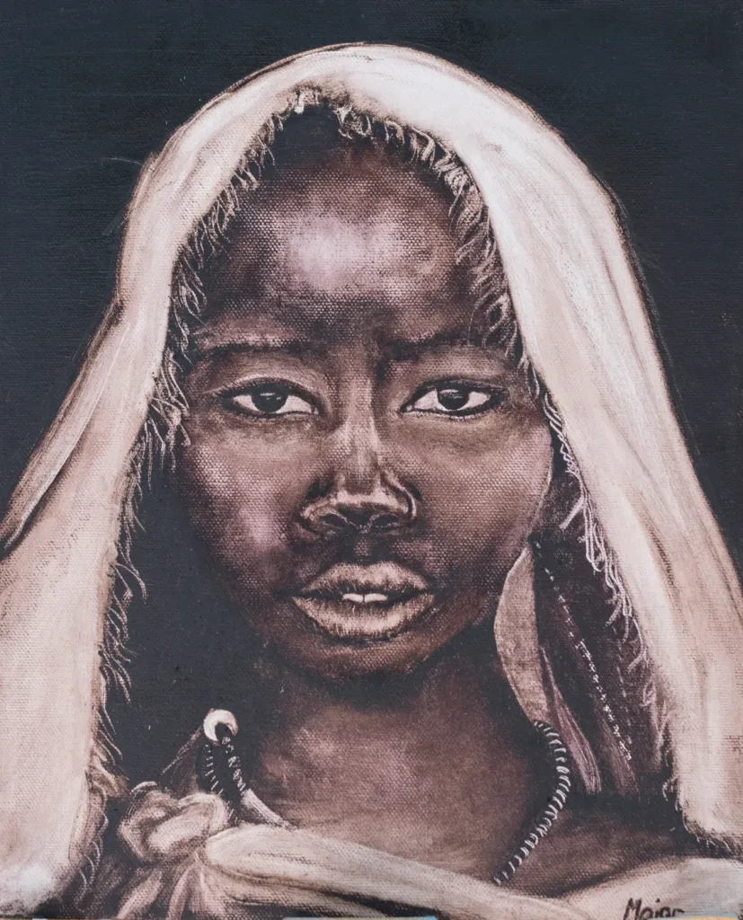 Dipinto realista di Keili Major: ritratto in seppia di un bambino con velo.