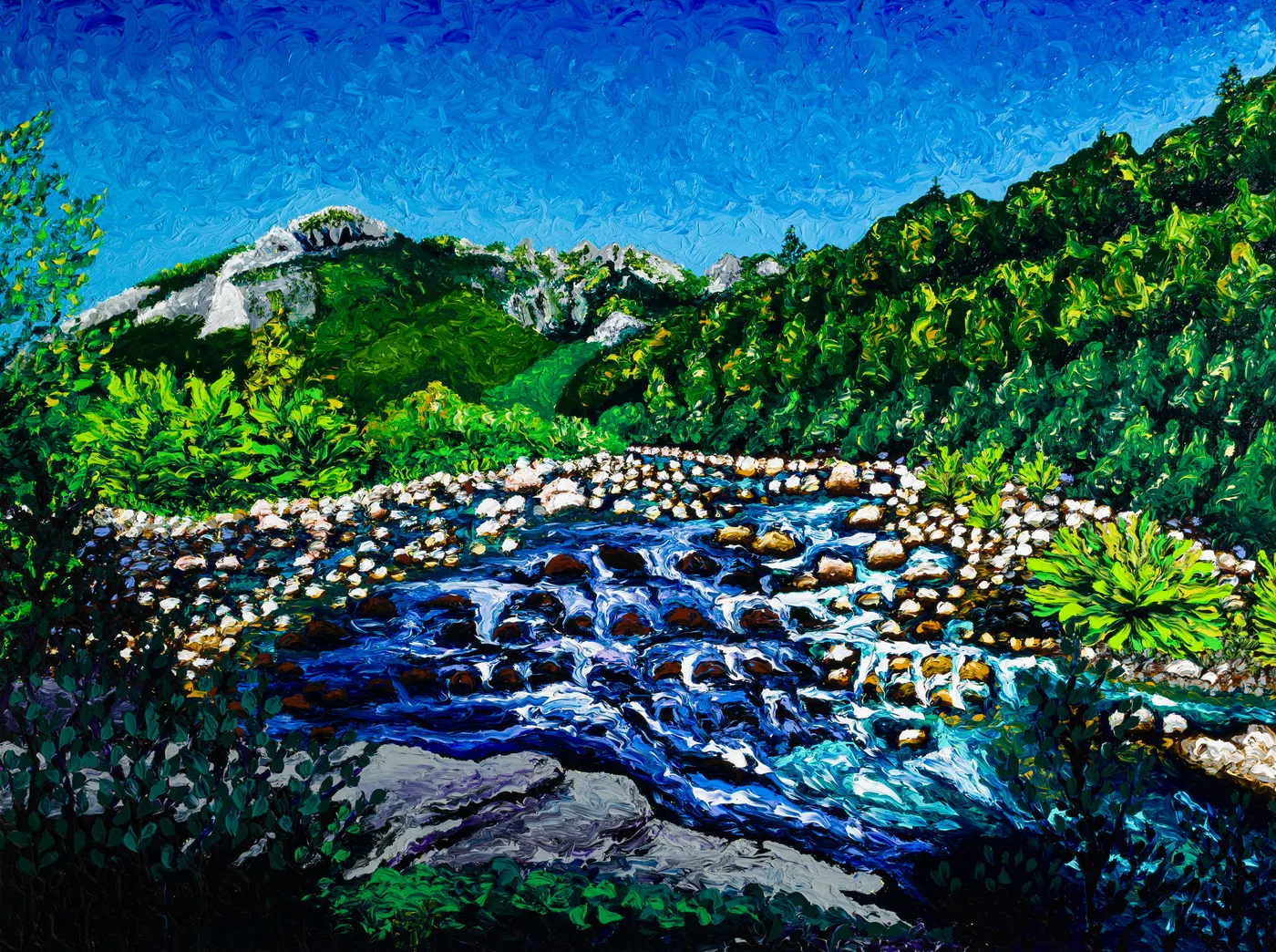 Tanaro II &mdash; finger painting di Keili Major, luglio 2026, 60&times;80 cm, olio su tela di cotone. Secondo dei dodici dipinti di Anno Tanaro.