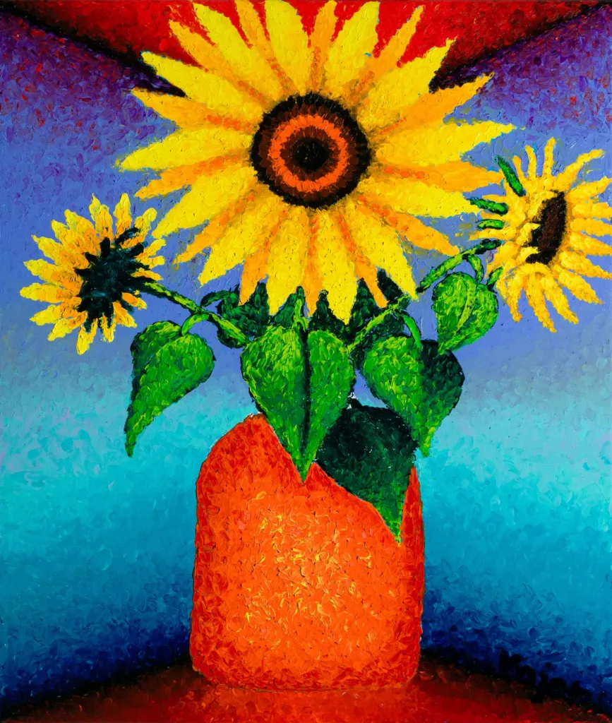 Girasoli futuristi, finger painting di Keili Major, olio su tela 60&times;70 cm