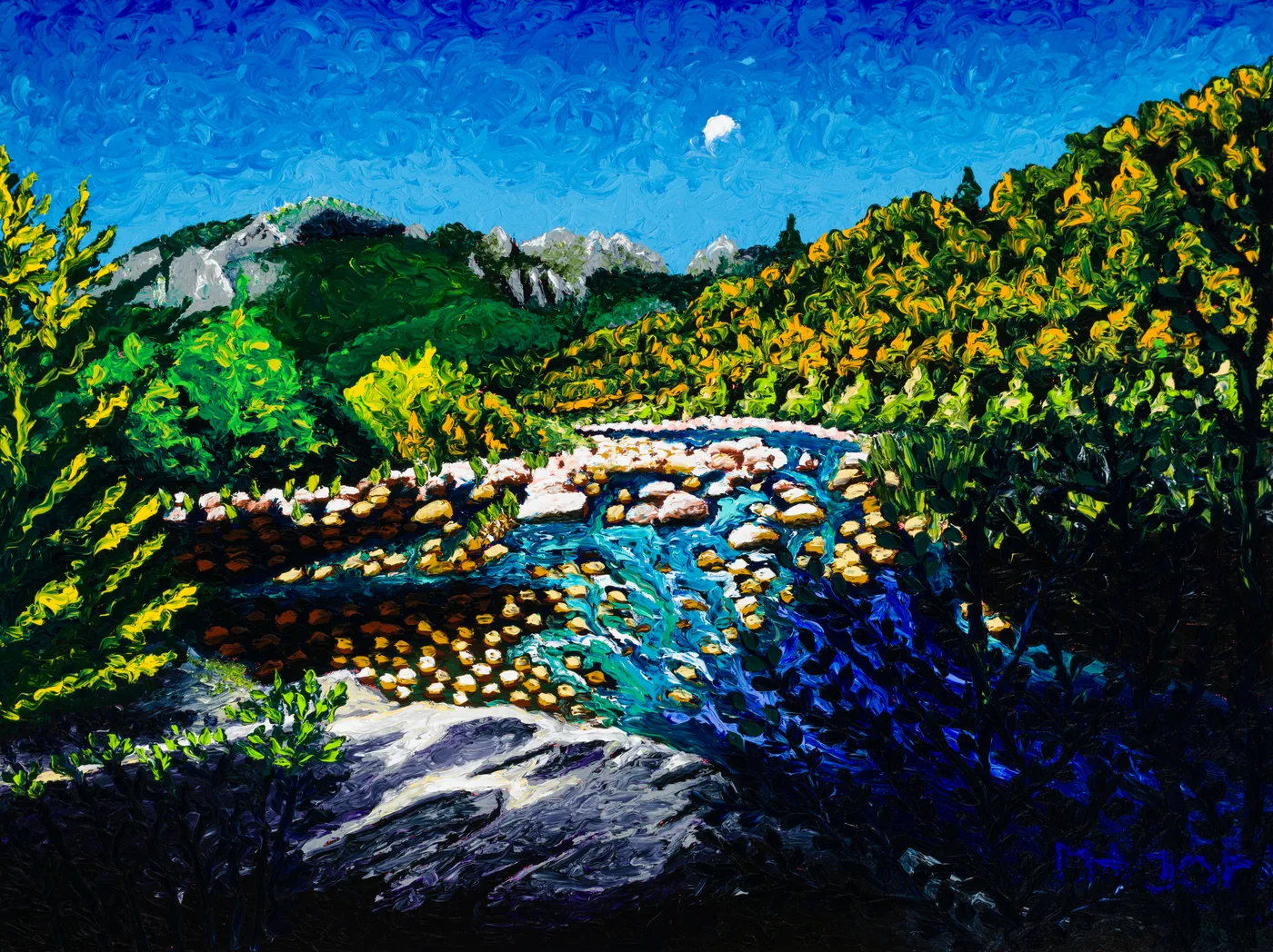 Tanaro IV &mdash; finger painting di Keili Major, settembre 2026, 60&times;80 cm, olio su tela di cotone. Quarto dei dodici dipinti di Anno Tanaro.